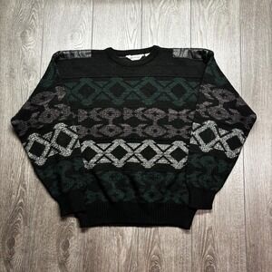 Vintage Geometric Knit Sweater Colourful Medium Entourage 1980s Green